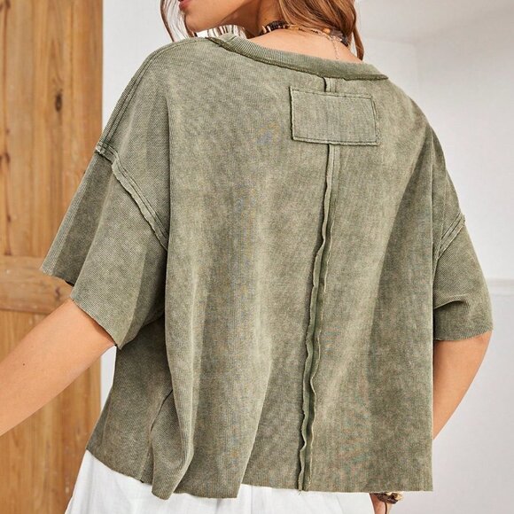 Green Boho Womens Stitching Detail Drop Shoulder T-Shirt - Picture 2 of 5